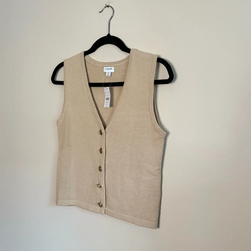 J.Crew NWT Oatmeal Sweater Vest Gold Crest Buttons V-Neck XS